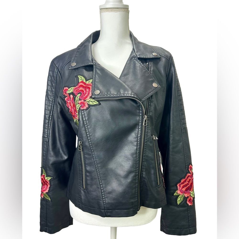 Tribal Jeans Embroidered Floral Faux Leather Motorcycle Jacket Size M